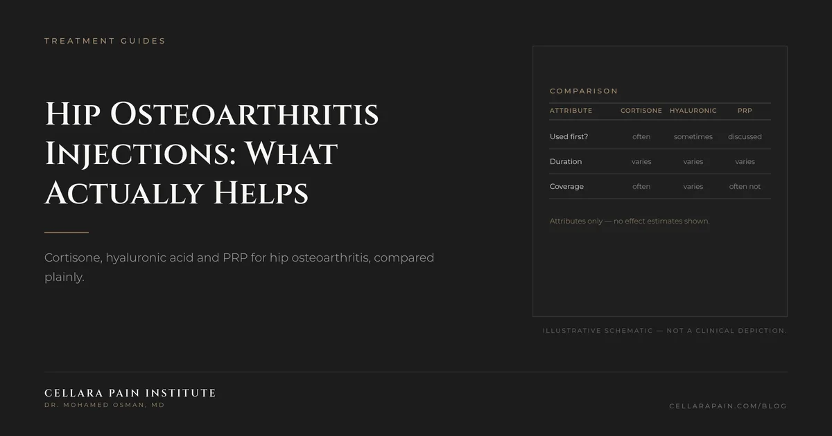 Cellara Journal hero graphic: Hip Osteoarthritis Injections: What Actually Helps.