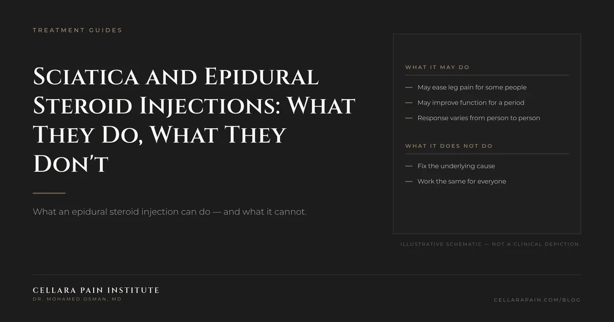 Cellara Journal hero graphic: Sciatica and Epidural Steroid Injections: What They Do, What They Don't.