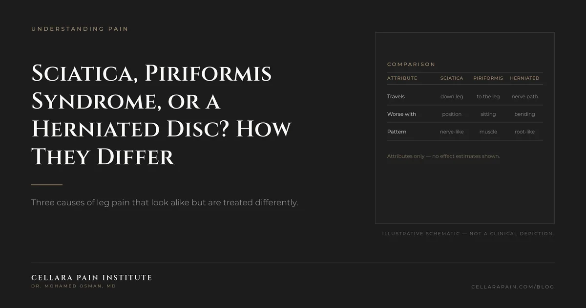 Cellara Journal hero graphic: Sciatica, Piriformis Syndrome, or a Herniated Disc? How They Differ.